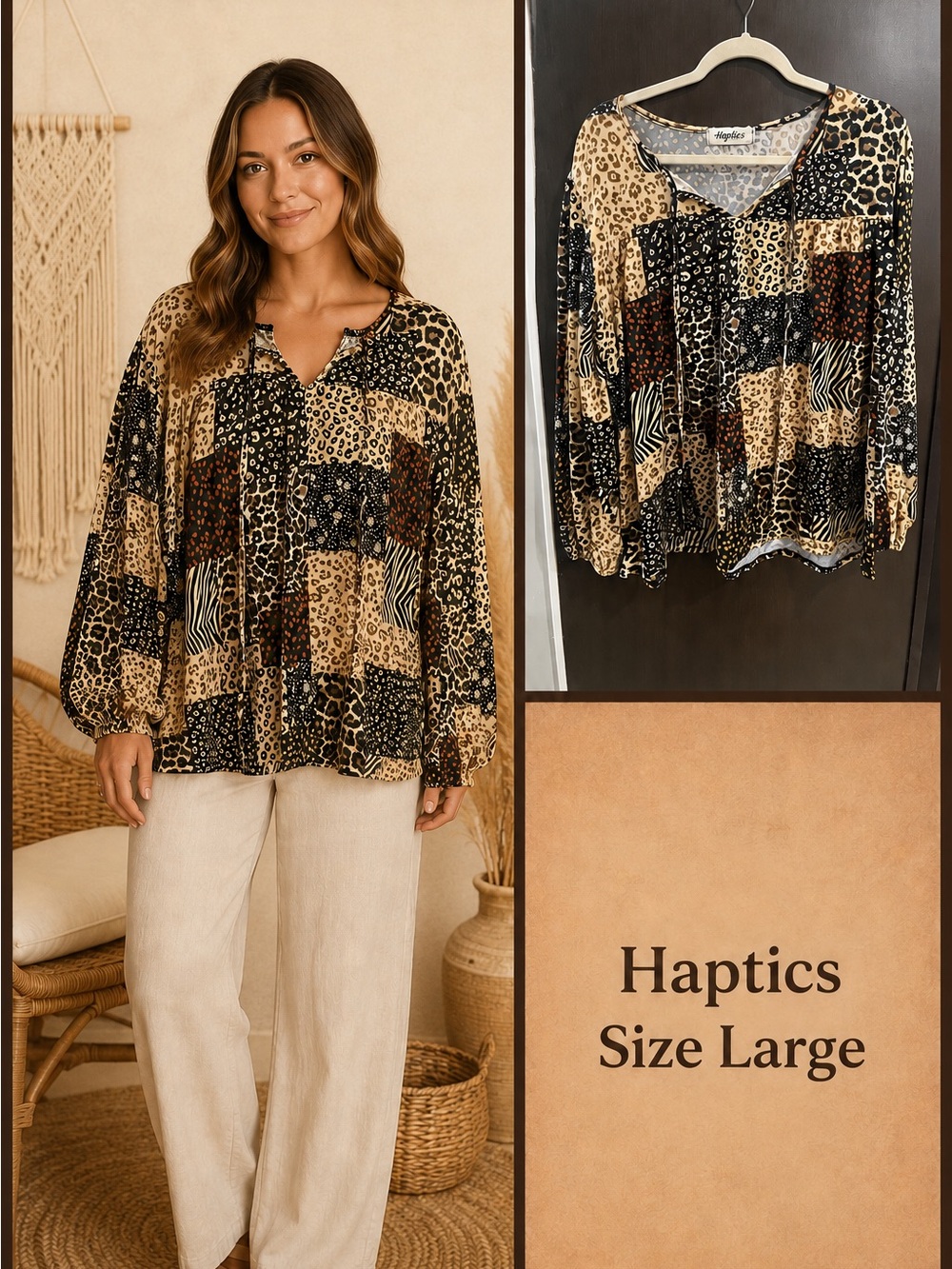 Haptics by Holly Harper patchwork animal print blouse with leopard, zebra, and s